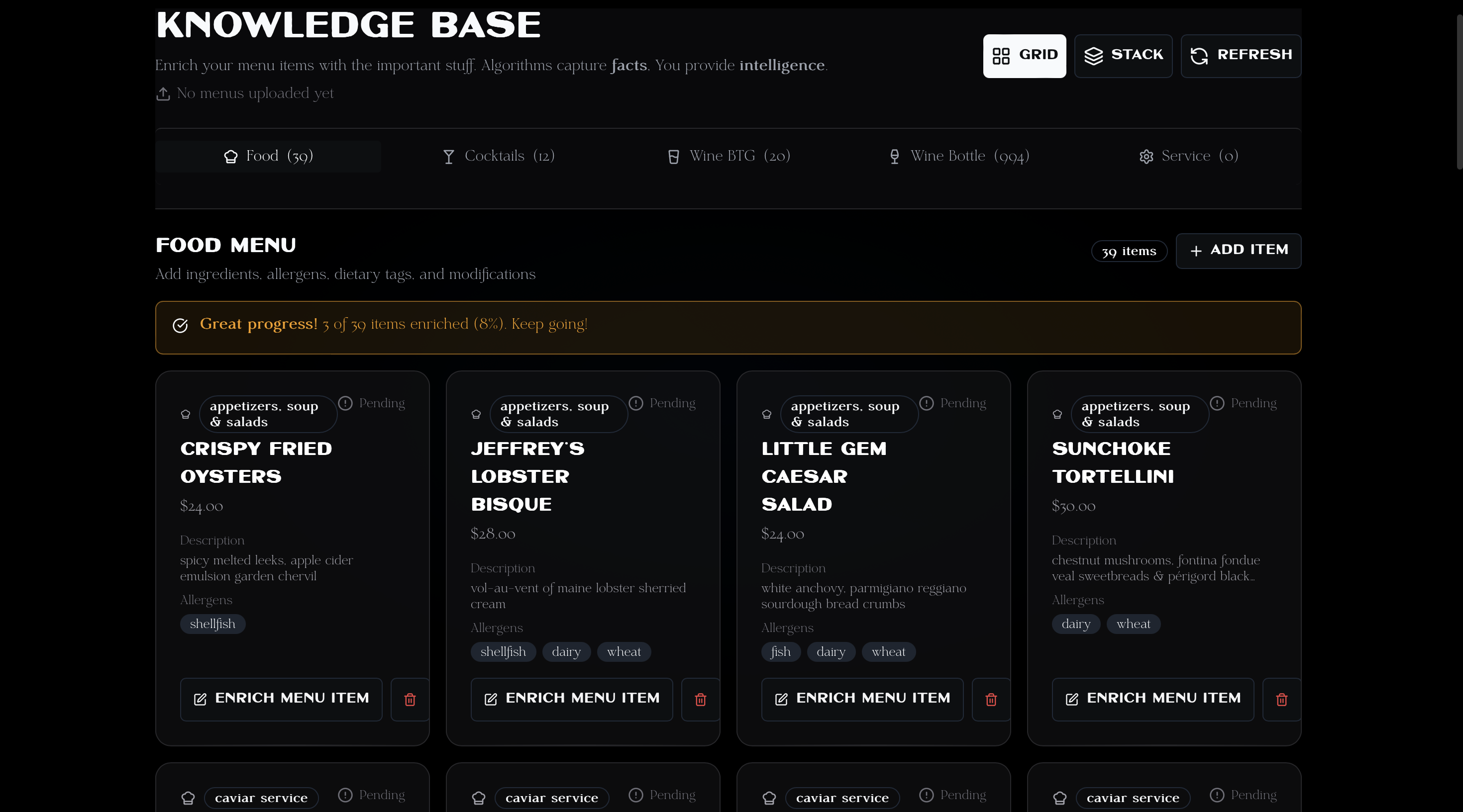 Pre-Shift knowledge base showing menu items with allergen tags and enrichment options.